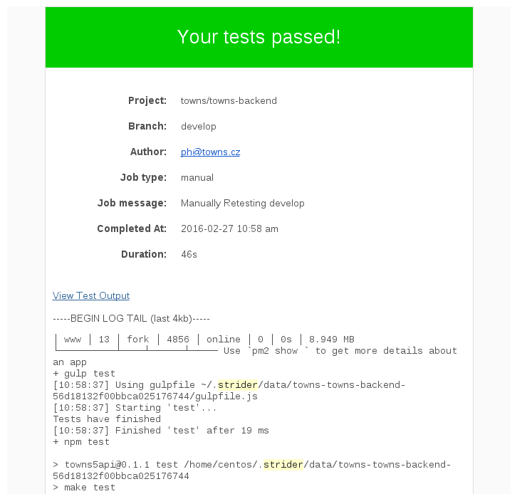 Email report about passed tests for commit to develop branch